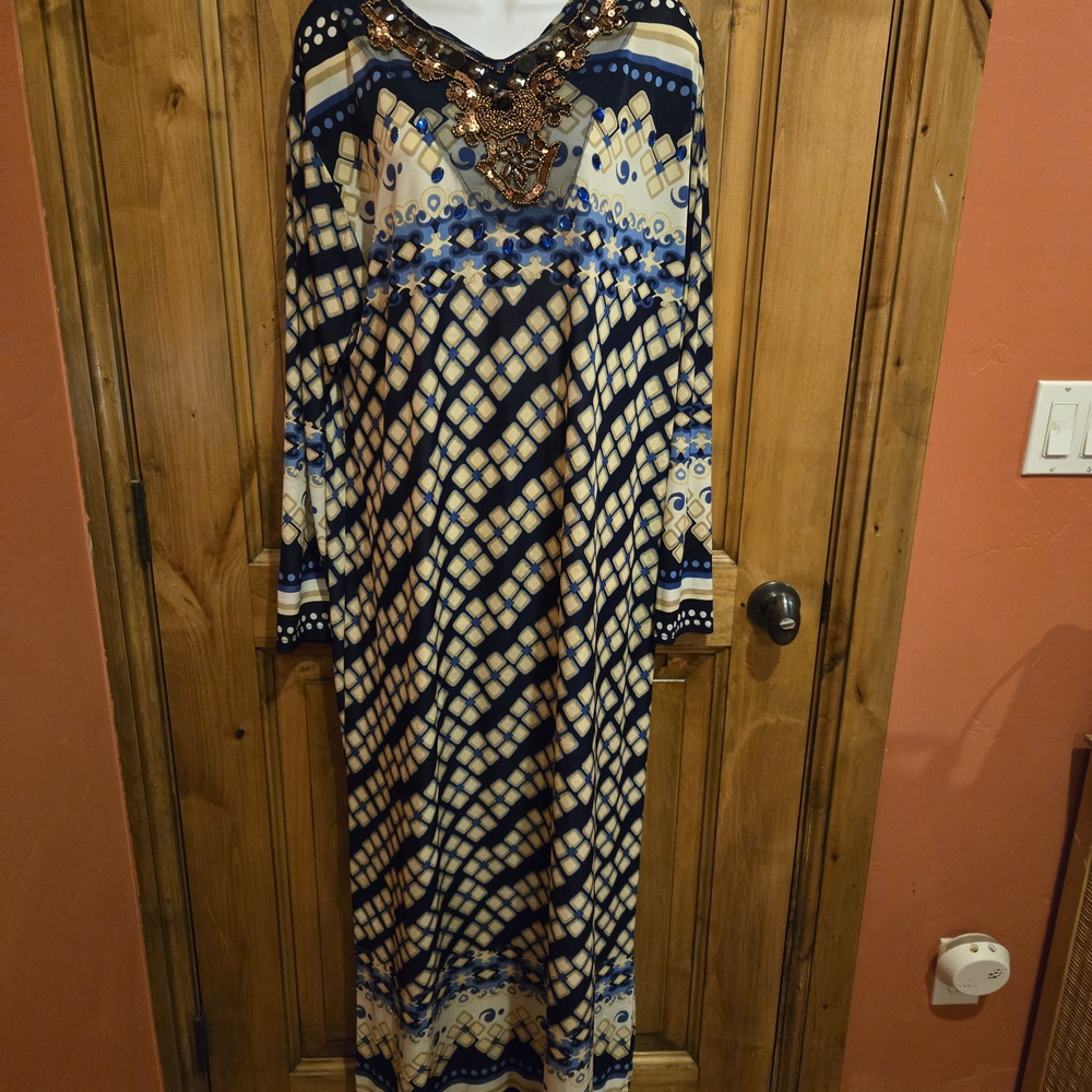 Embellished Blue Kaftan/Resort Gown with Bishop Sleeves